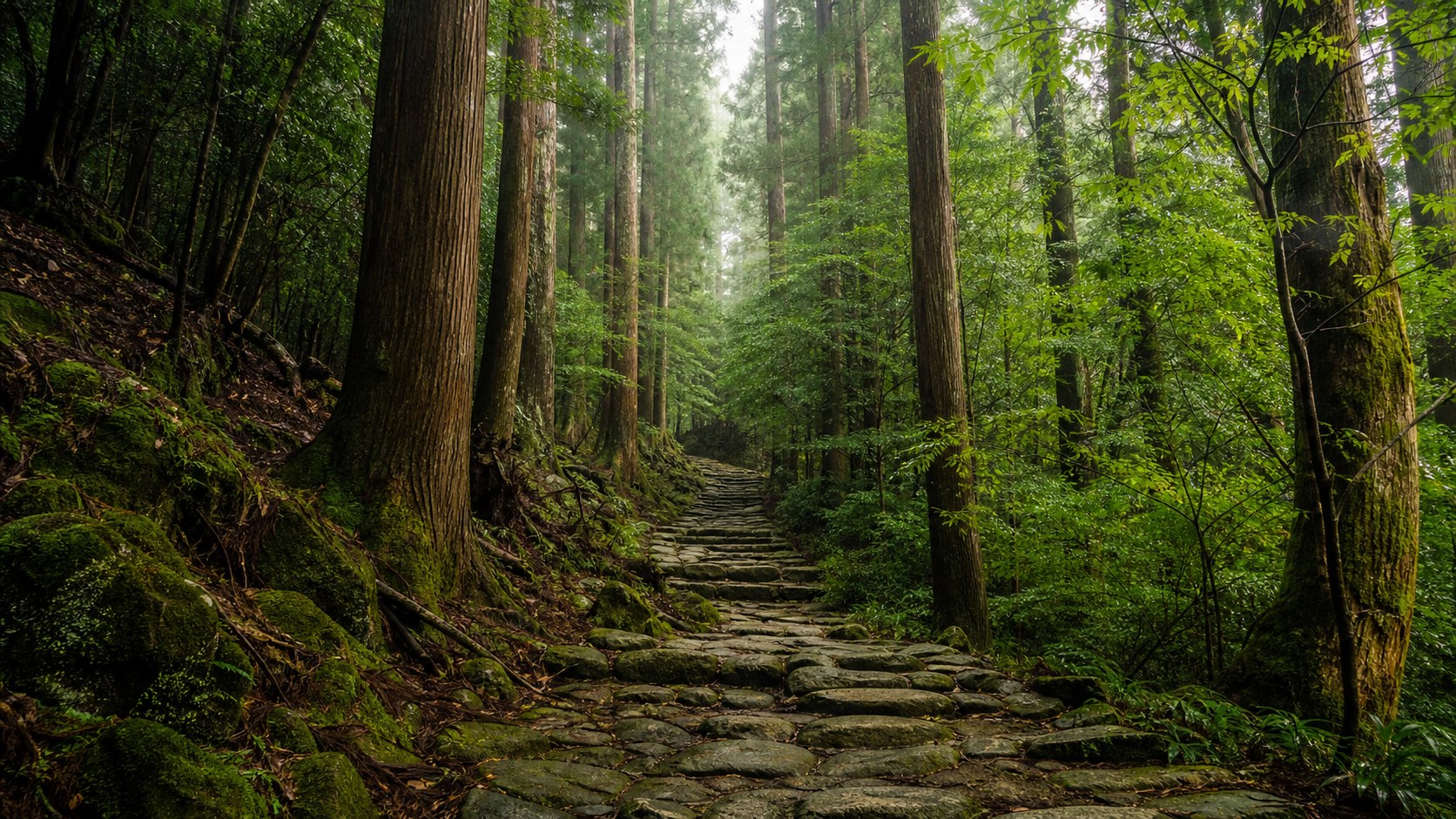 熊野古道を思わせる杉木立の石畳道
